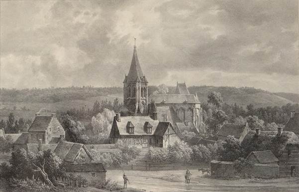 Gravure paysage église Arques village rivière Théodore Gudin engraving XIXè