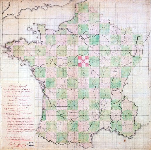 Châssis figuratif du territoire de la France partagé en divisions égales entre elles…